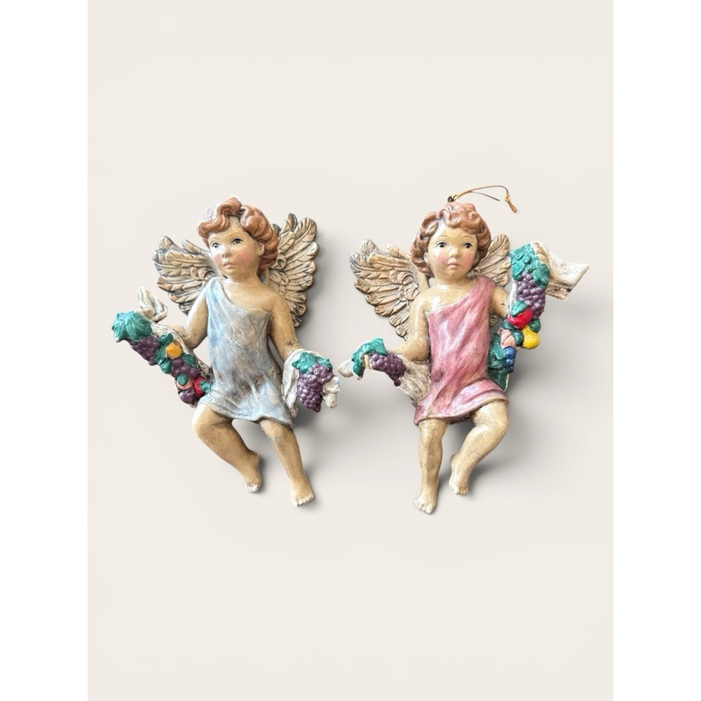 Vintage Set of 2 Hand Painted Blow Mold Plastic Cherubs Angels Ornaments 7" Read